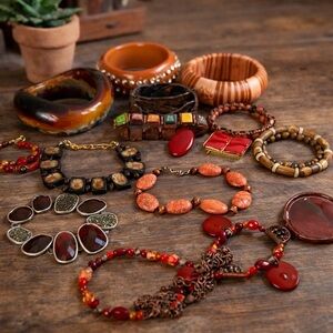 Boho Red Brown Orange Jewelry Lot Bracelets Bangles Necklaces Chunky Mixed Set